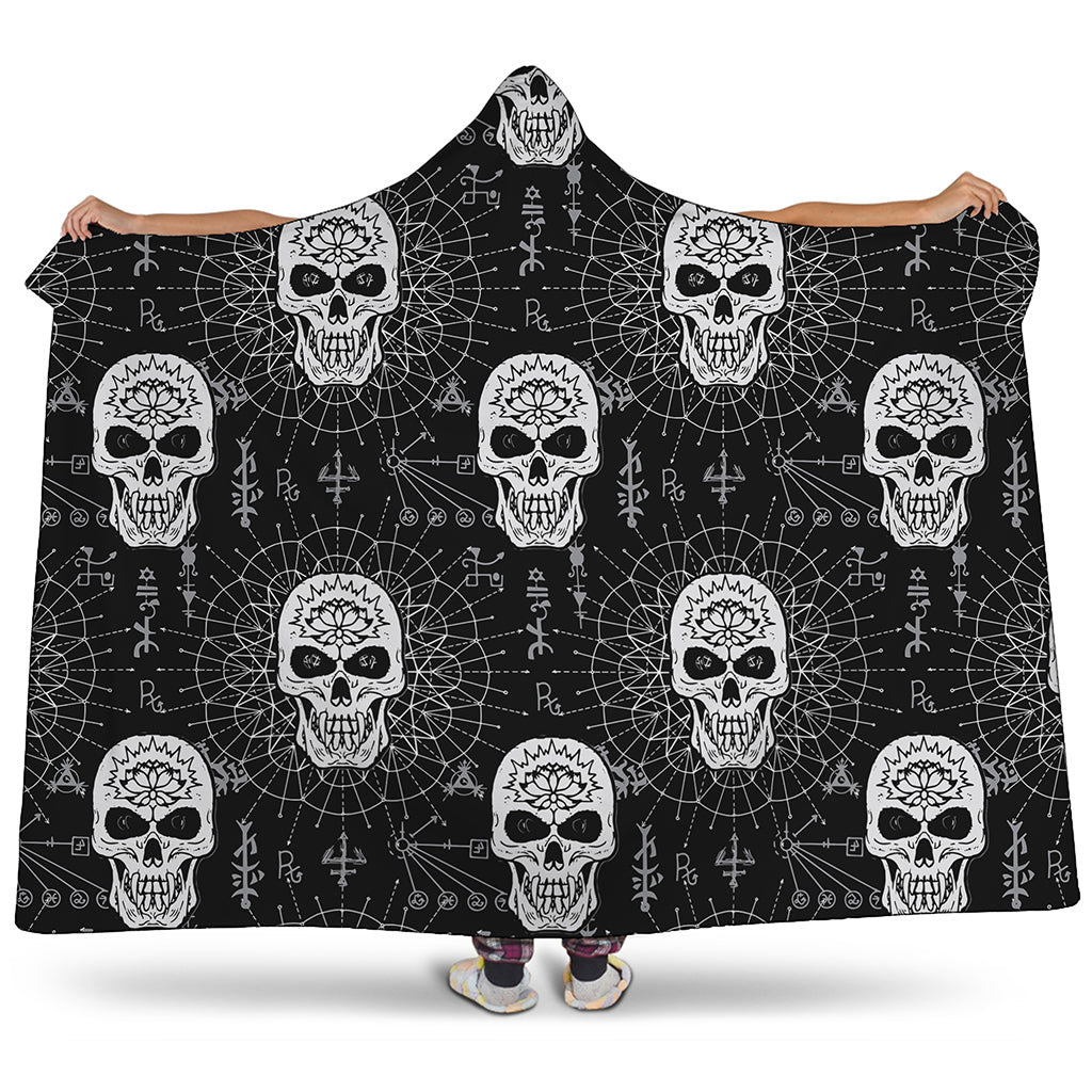 Black And White Wicca Evil Skull Print Hooded Blanket