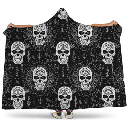 Black And White Wicca Evil Skull Print Hooded Blanket