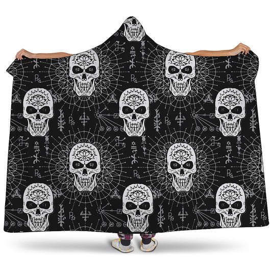 Black And White Wicca Evil Skull Print Hooded Blanket