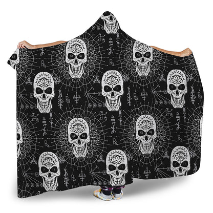 Black And White Wicca Evil Skull Print Hooded Blanket