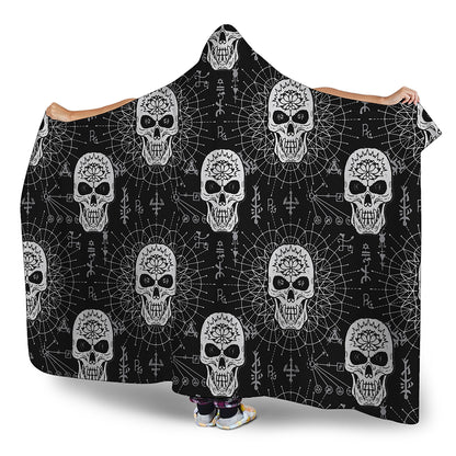 Black And White Wicca Evil Skull Print Hooded Blanket