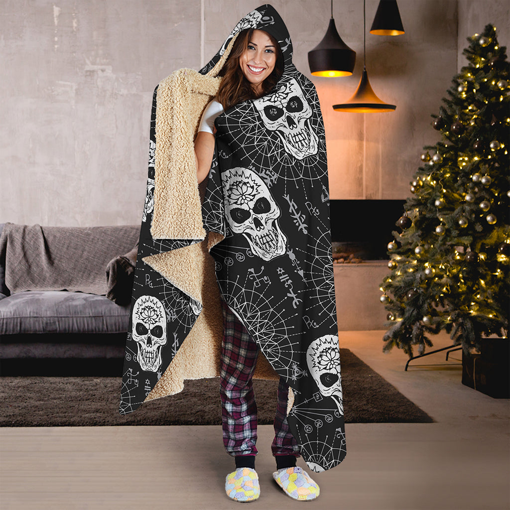 Black And White Wicca Evil Skull Print Hooded Blanket