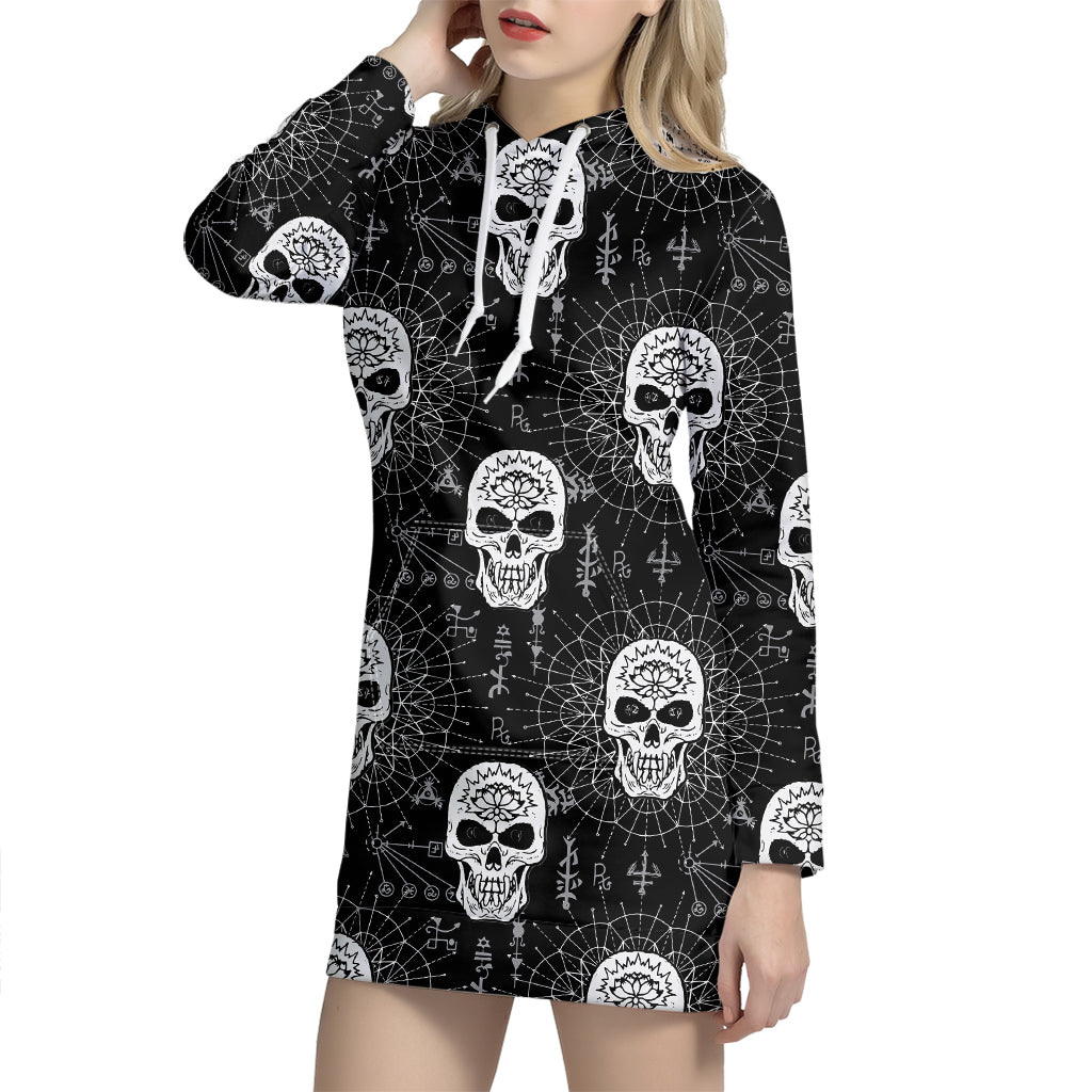 Black And White Wicca Evil Skull Print Hoodie Dress