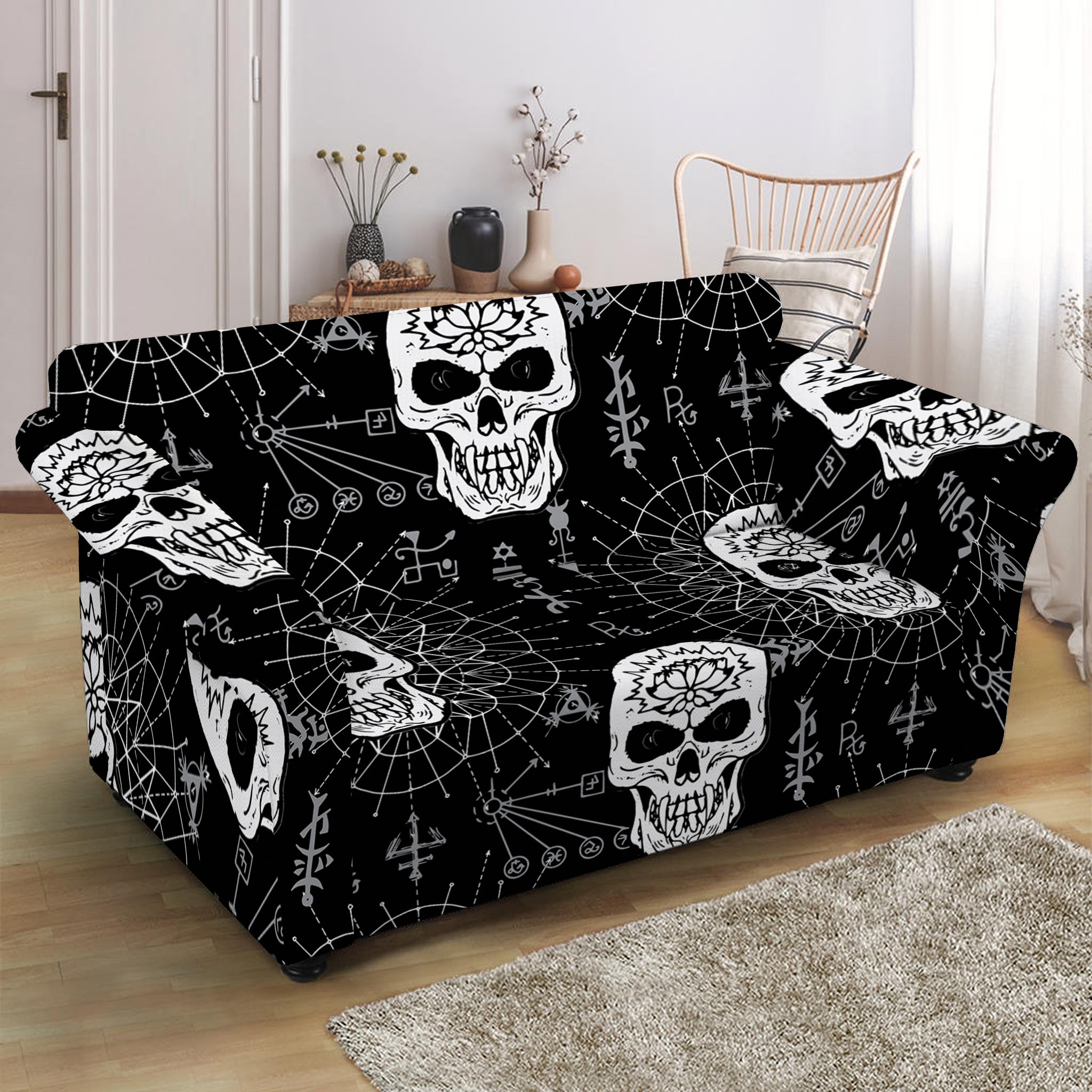 Black And White Wicca Evil Skull Print Loveseat Slipcover