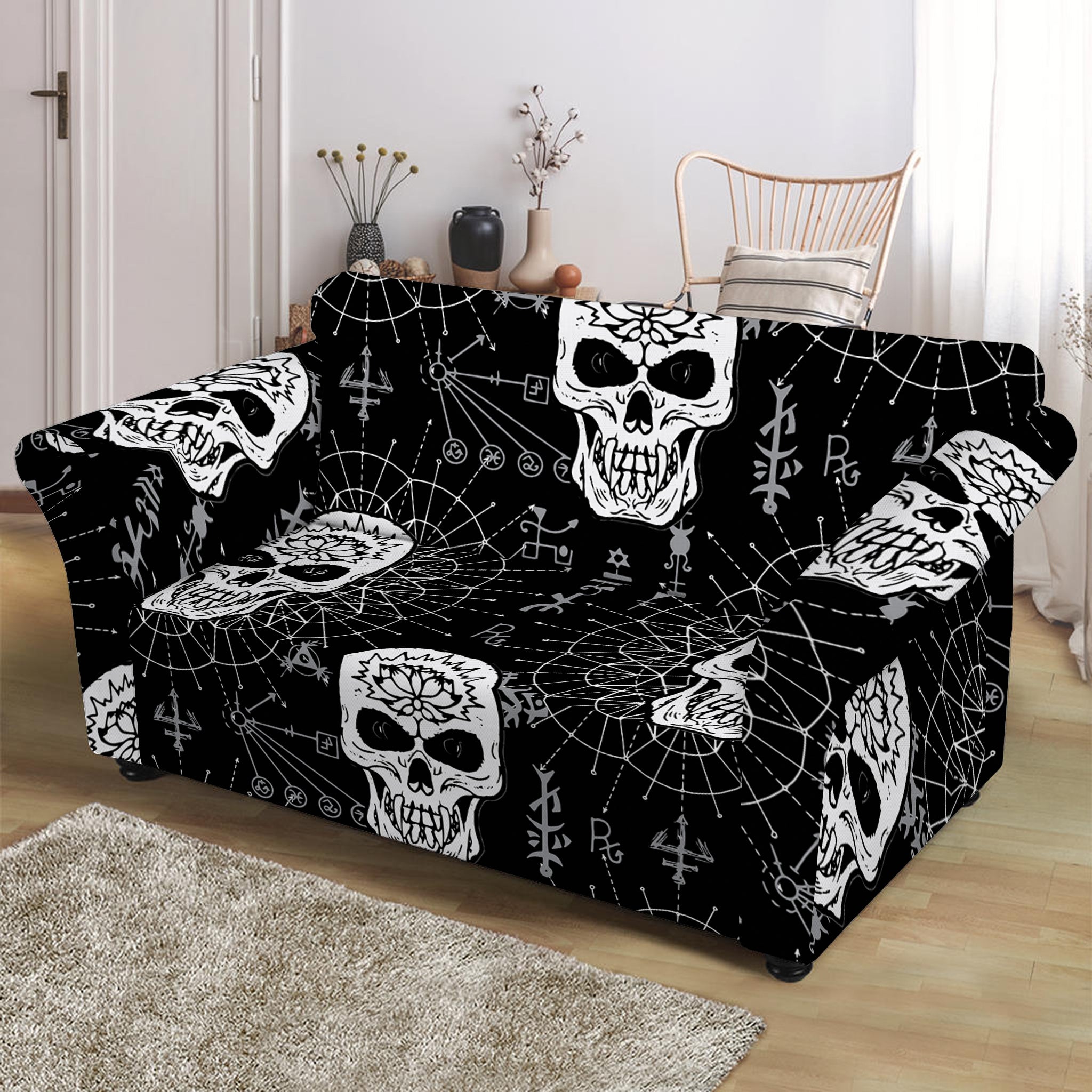 Black And White Wicca Evil Skull Print Loveseat Slipcover