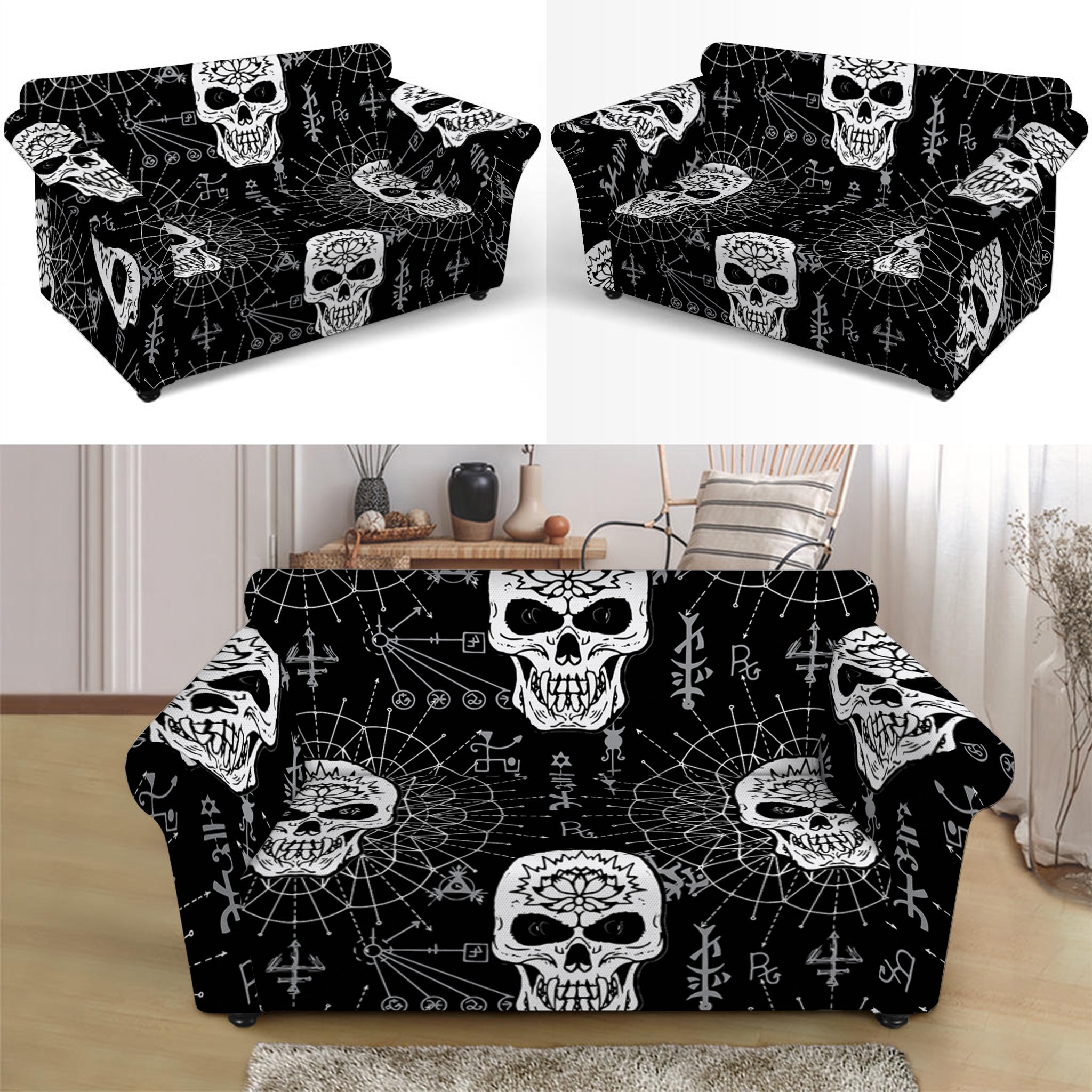 Black And White Wicca Evil Skull Print Loveseat Slipcover