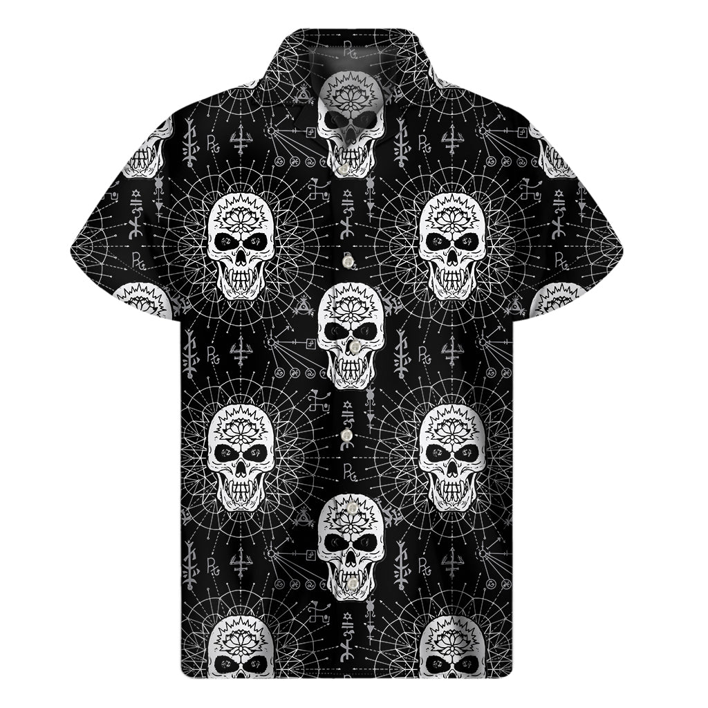 Black And White Wicca Evil Skull Print Men's Short Sleeve Shirt