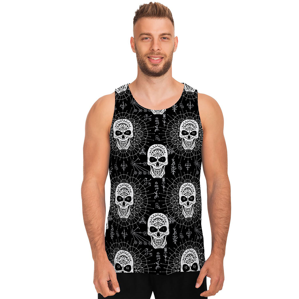 Black And White Wicca Evil Skull Print Men's Tank Top