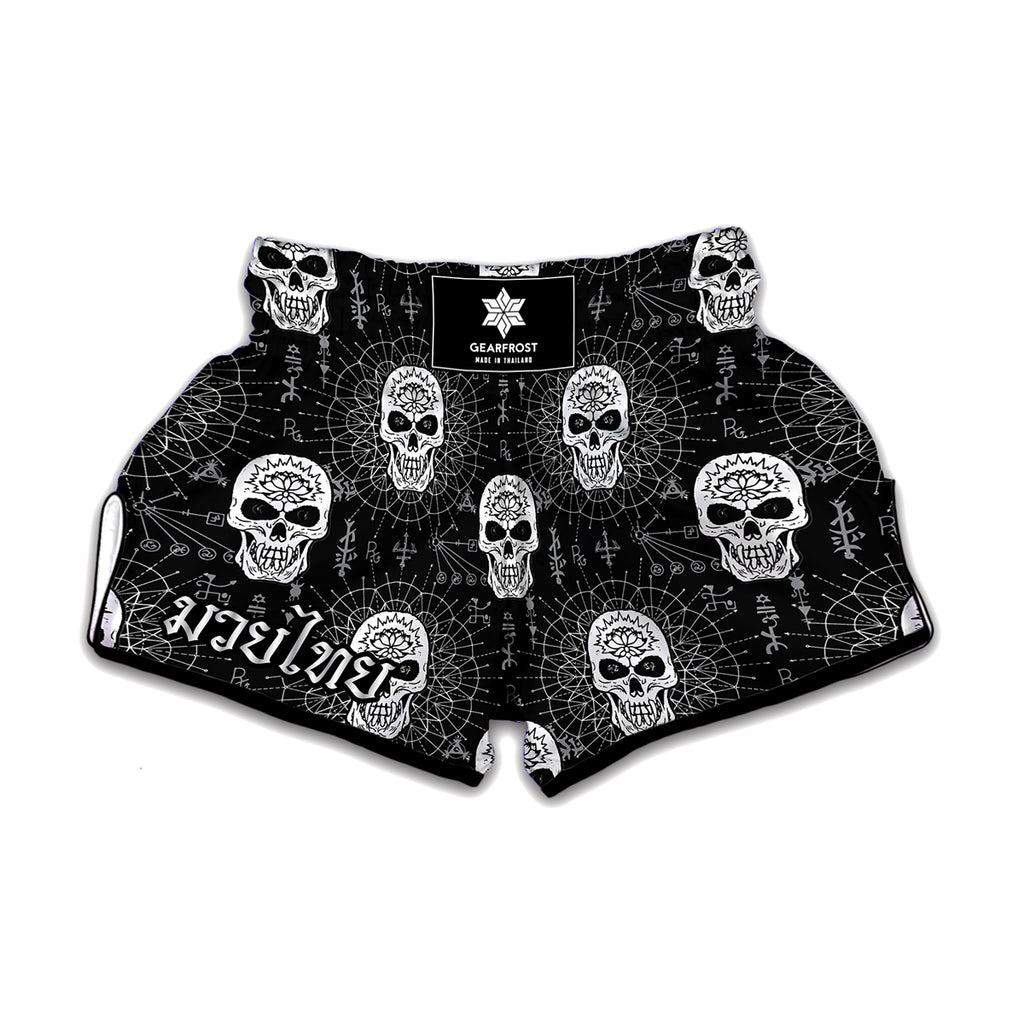 Black And White Wicca Evil Skull Print Muay Thai Boxing Shorts