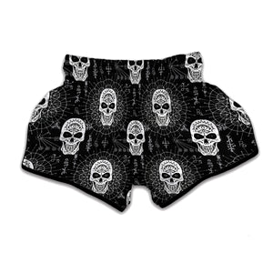 Black And White Wicca Evil Skull Print Muay Thai Boxing Shorts