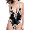 Black And White Wicca Evil Skull Print One Piece High Cut Swimsuit