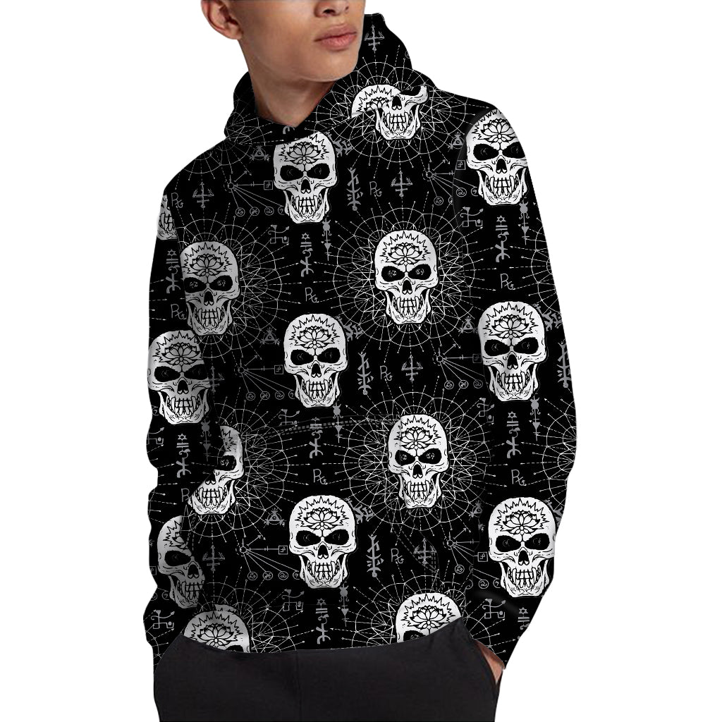 Black And White Wicca Evil Skull Print Pullover Hoodie