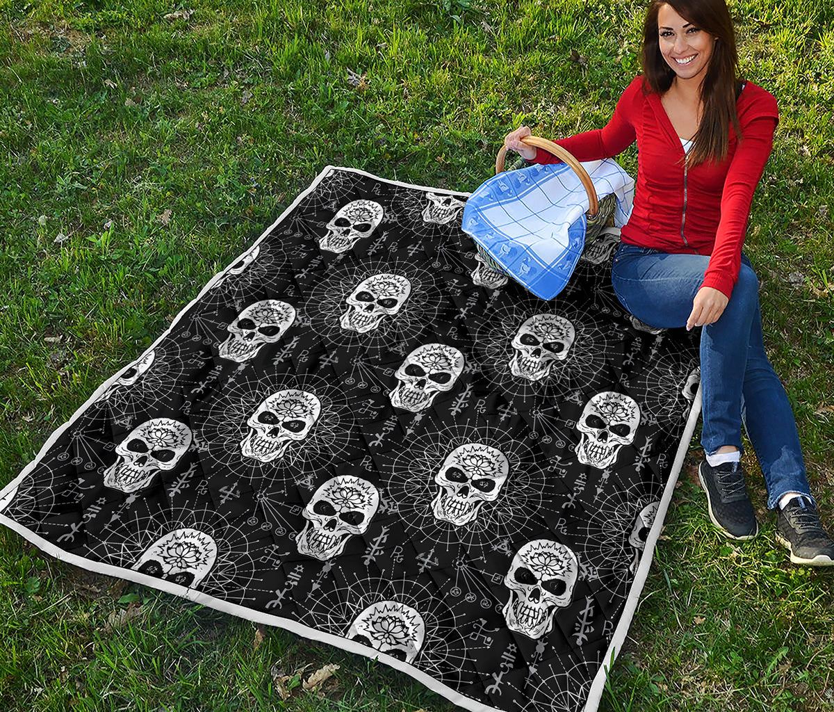 Black And White Wicca Evil Skull Print Quilt