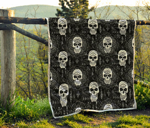 Black And White Wicca Evil Skull Print Quilt