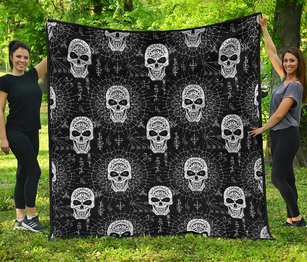 Black And White Wicca Evil Skull Print Quilt