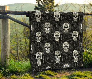 Black And White Wicca Evil Skull Print Quilt