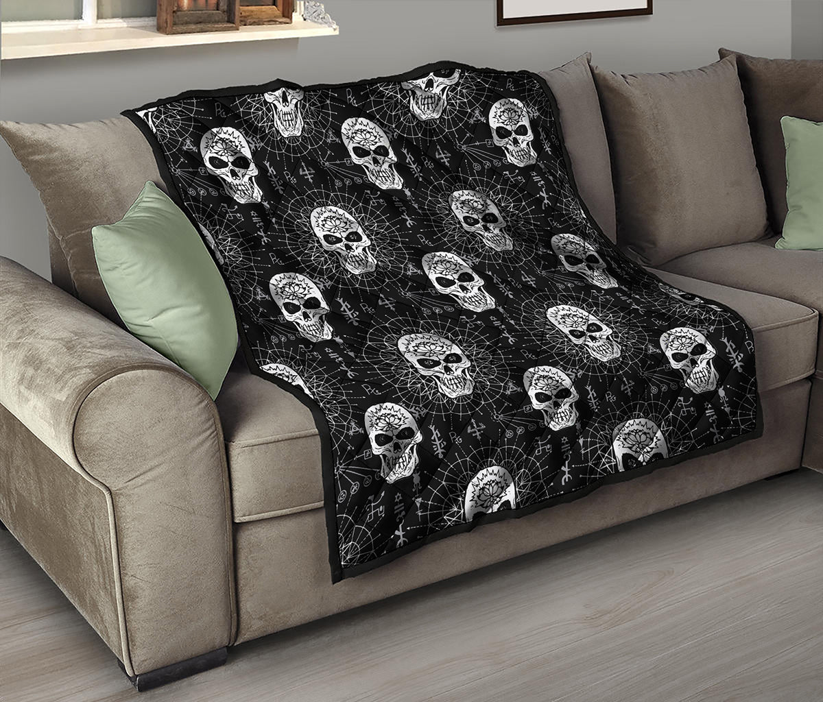 Black And White Wicca Evil Skull Print Quilt