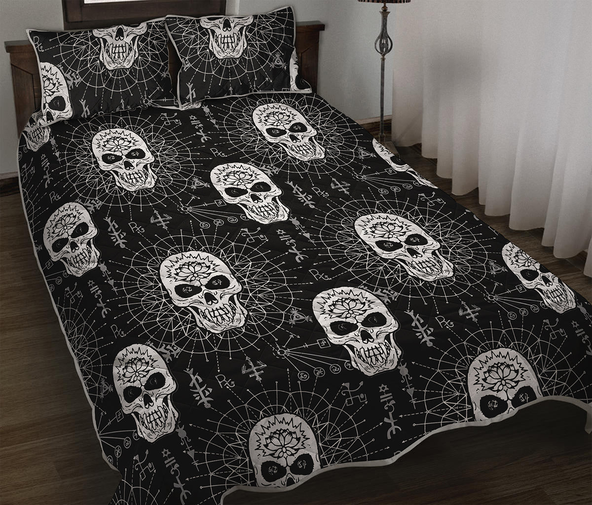 Black And White Wicca Evil Skull Print Quilt Bed Set