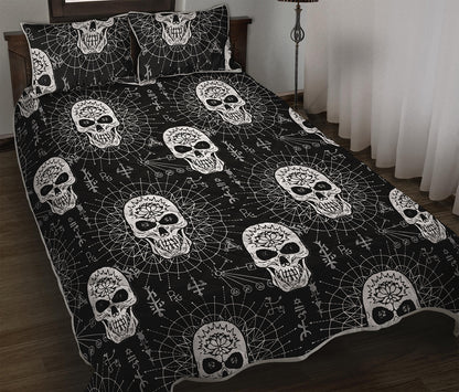 Black And White Wicca Evil Skull Print Quilt Bed Set