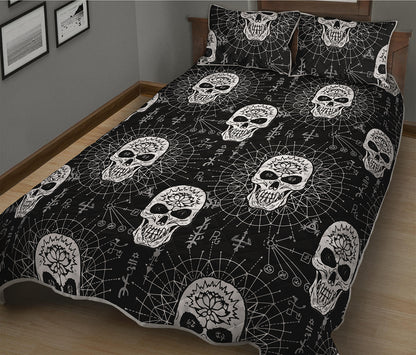 Black And White Wicca Evil Skull Print Quilt Bed Set