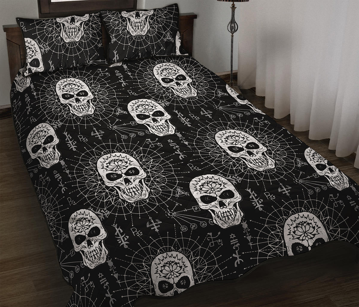 Black And White Wicca Evil Skull Print Quilt Bed Set
