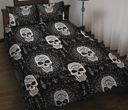 Black And White Wicca Evil Skull Print Quilt Bed Set