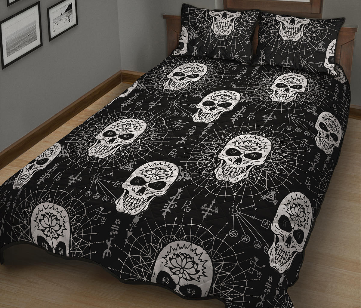 Black And White Wicca Evil Skull Print Quilt Bed Set