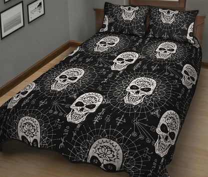Black And White Wicca Evil Skull Print Quilt Bed Set