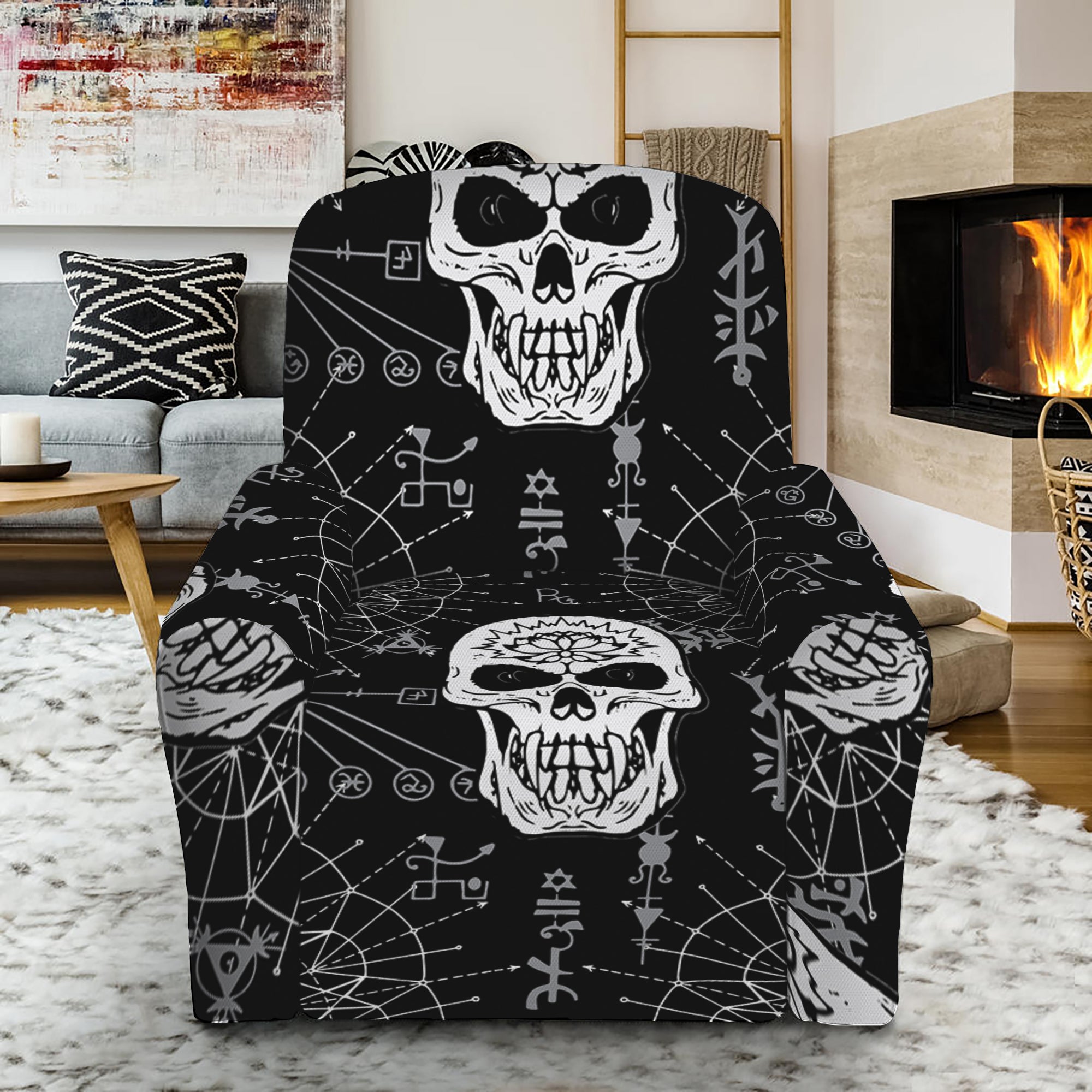 Black And White Wicca Evil Skull Print Recliner Slipcover