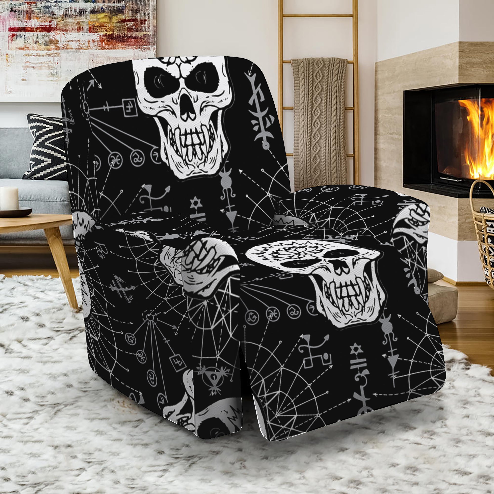 Black And White Wicca Evil Skull Print Recliner Slipcover