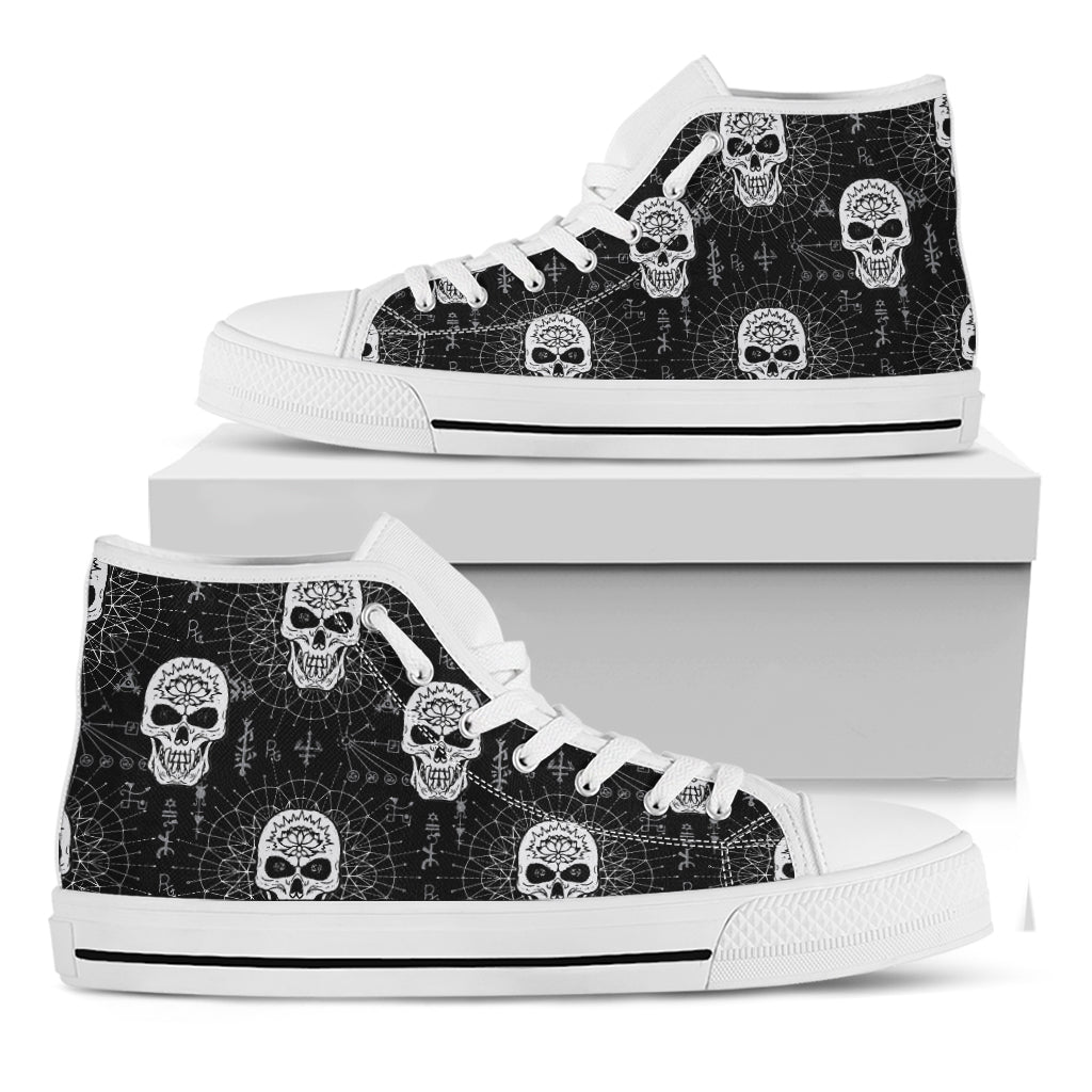 Black And White Wicca Evil Skull Print White High Top Shoes