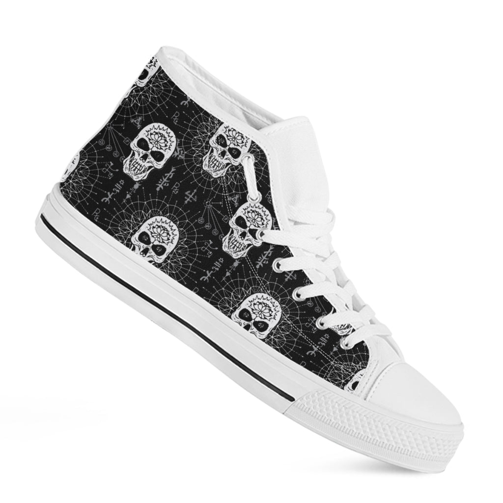Black And White Wicca Evil Skull Print White High Top Shoes