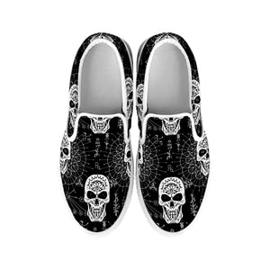 Black And White Wicca Evil Skull Print White Slip On Shoes