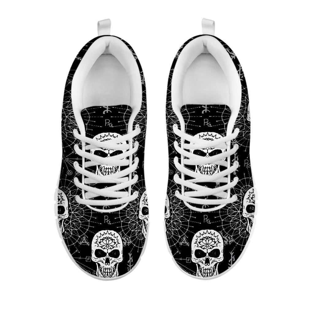 Black And White Wicca Evil Skull Print White Sneakers