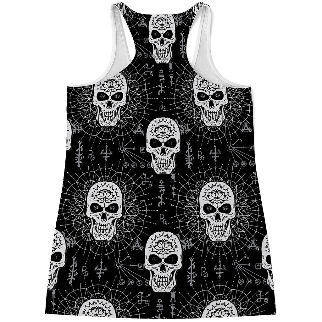 Black And White Wicca Evil Skull Print Women's Racerback Tank Top