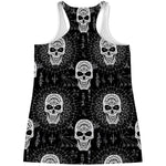 Black And White Wicca Evil Skull Print Women's Racerback Tank Top
