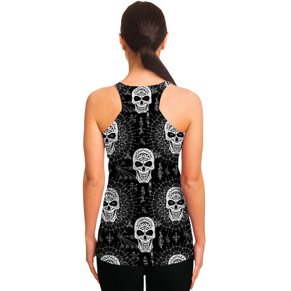 Black And White Wicca Evil Skull Print Women's Racerback Tank Top