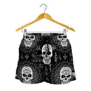 Black And White Wicca Evil Skull Print Women's Shorts