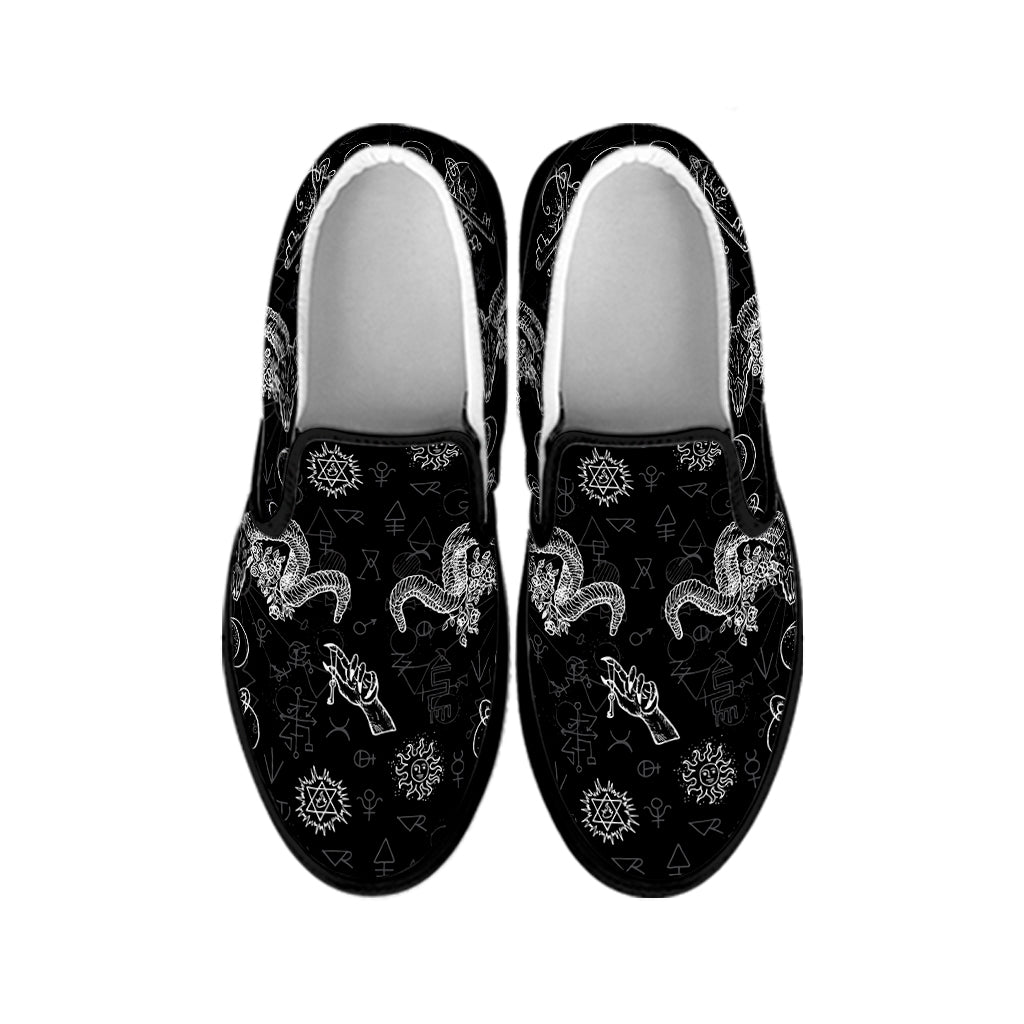 Black And White Wicca Gothic Print Black Slip On Shoes