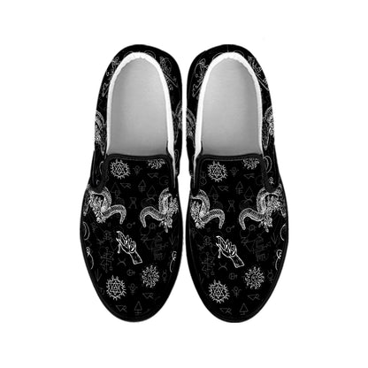 Black And White Wicca Gothic Print Black Slip On Shoes