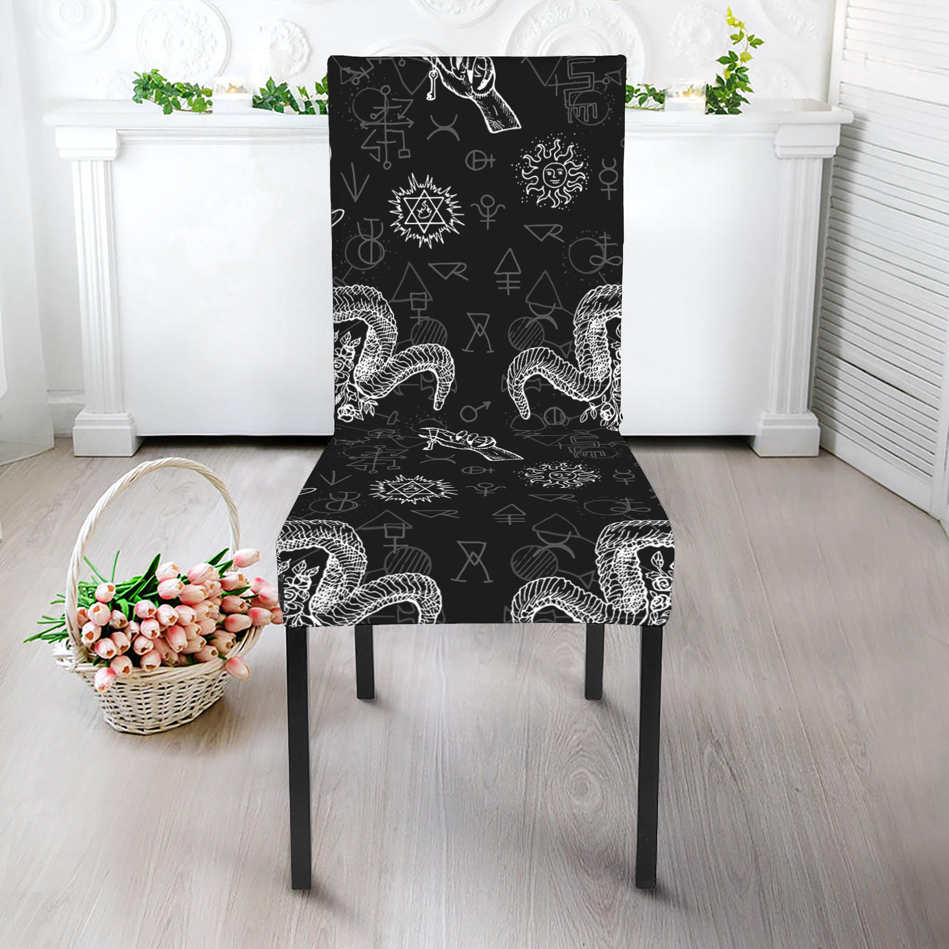 Black And White Wicca Gothic Print Dining Chair Slipcover
