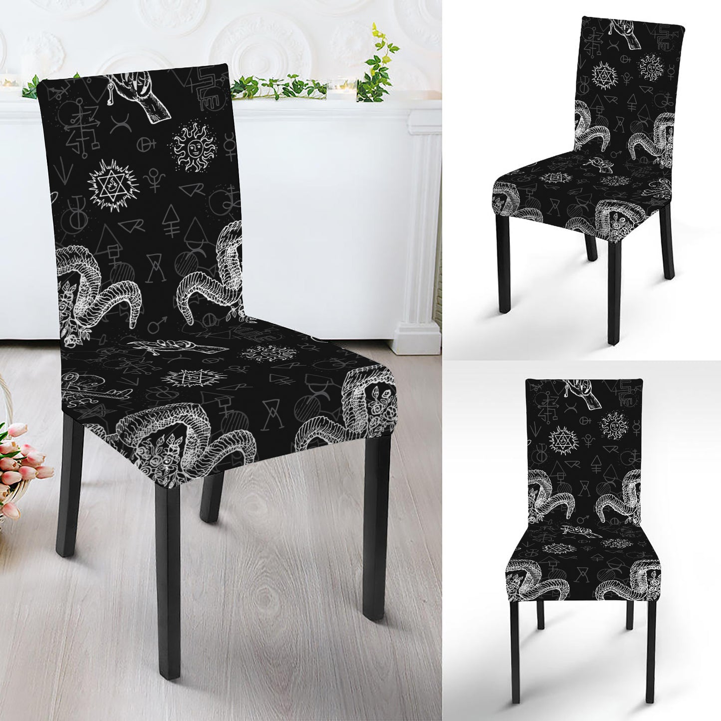 Black And White Wicca Gothic Print Dining Chair Slipcover