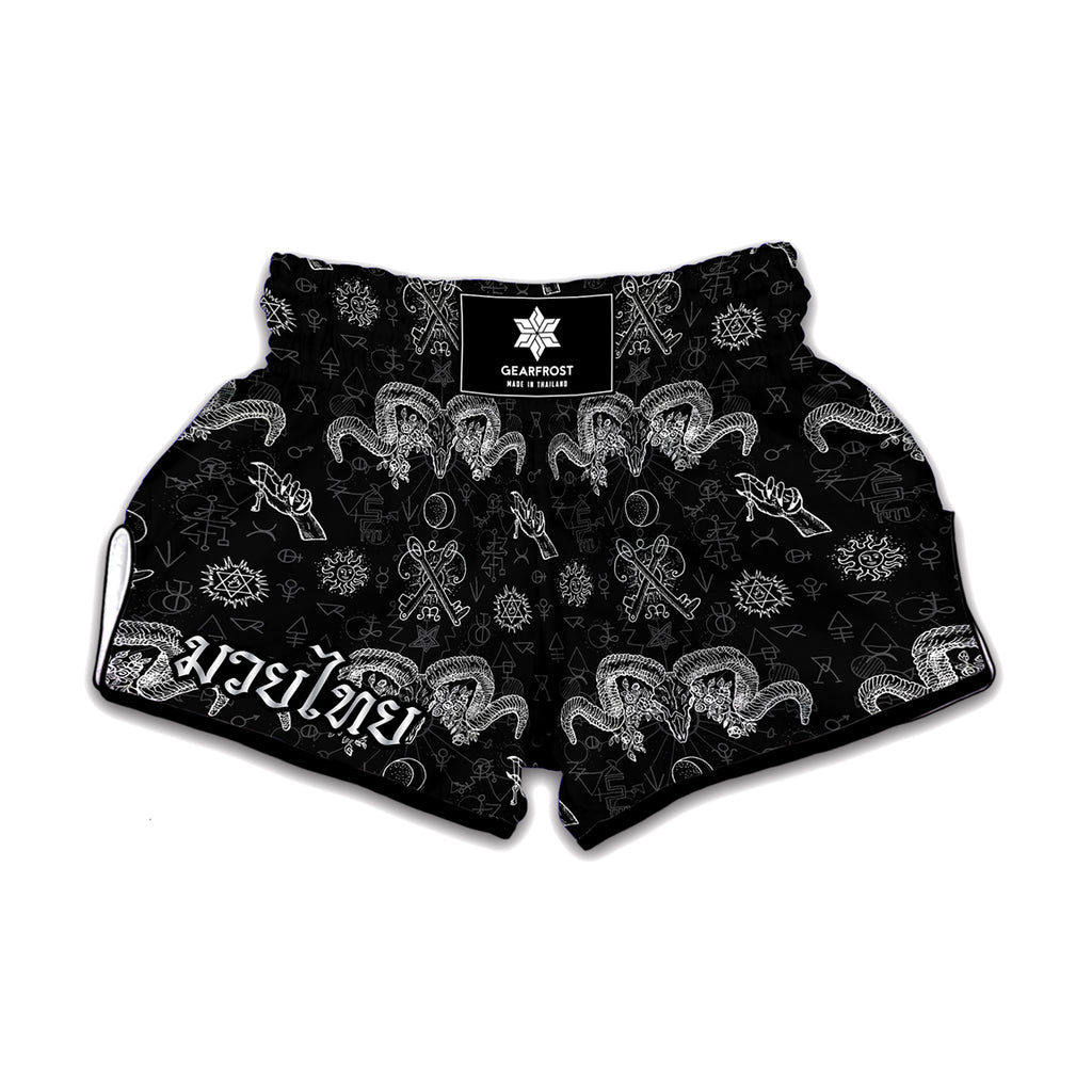 Black And White Wicca Gothic Print Muay Thai Boxing Shorts