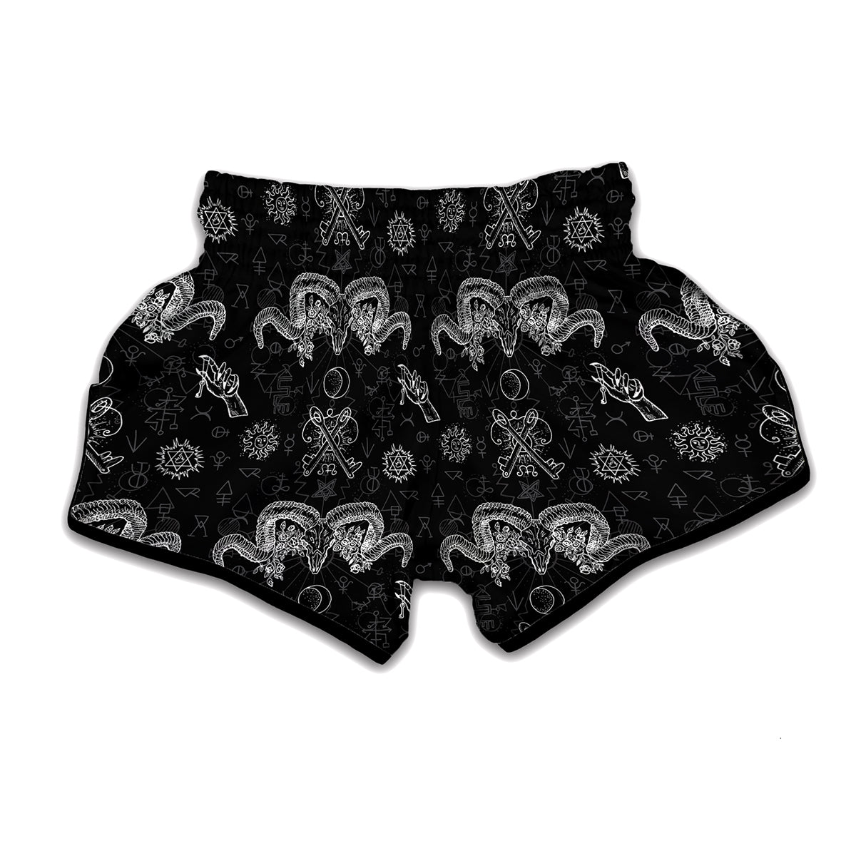 Black And White Wicca Gothic Print Muay Thai Boxing Shorts