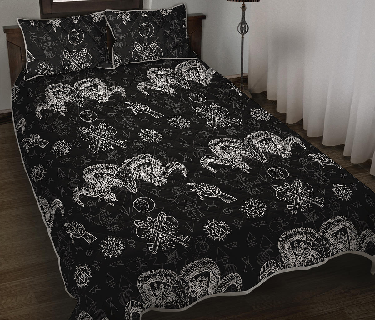 Black And White Wicca Gothic Print Quilt Bed Set