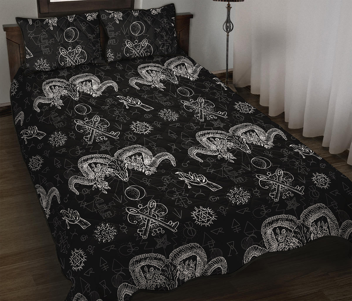 Black And White Wicca Gothic Print Quilt Bed Set