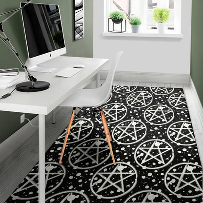 Black And White Wicca Pentagram Print Area Rug