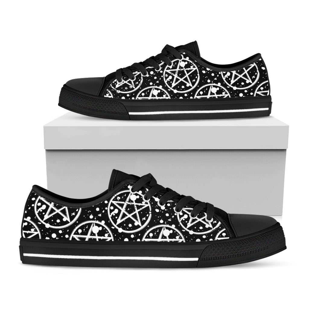 Black And White Wicca Pentagram Print Black Low Top Shoes