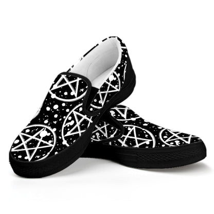 Black And White Wicca Pentagram Print Black Slip On Shoes