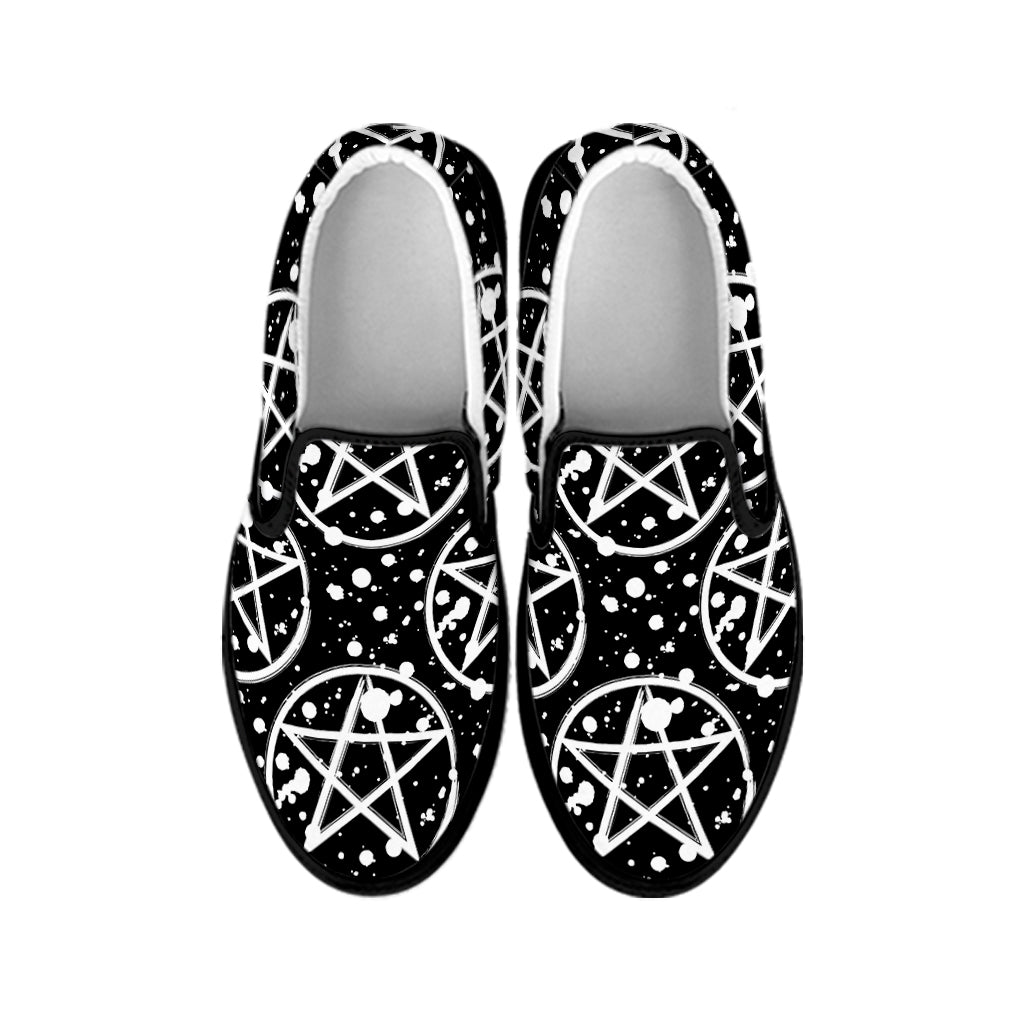 Black And White Wicca Pentagram Print Black Slip On Shoes